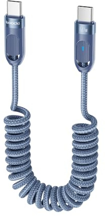 toocki Cable Espiral USB C a USB C 60W 1.8M con Luz LED Nailon Trenzado | Carga Rápida, Cable Retráctil Flexible, para iPhone 15/16/17/Galaxy S25/S24/S23/Xiaomi/Huawei/Android Auto, Ideal Coche