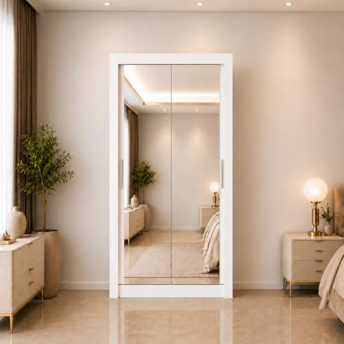 Distro Direct Furniture (DDF) Maple Full Mirror Sliding Door Wardrobe Bedroom Storage (100cm, White)