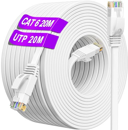Cable Ethernet 20 metros, Cat 6 Cable de Red 20m Alta Velocidad Cable Internet Plano, Blanco Cable RJ45 250MHz 10/100/1000 Mbps, Exterior Interior Gigabit Network Cable LAN para Rúter Módem (20 Clips)