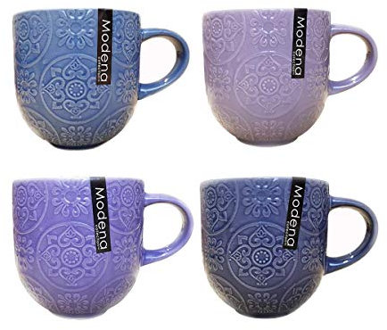 YoL Set of 4 embossed coffee mugs tea cups 4 colours decor stoneware home office kitchen