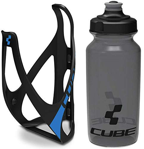 Cube HPP Cage - Matt Black/Blue & Flow Bottle - Black, 500ml / Water Drink Flask Vessel Bidon Holder Mount Bracket Kit Lightweight Plastic Drinking Hydration Biking Bike Riding Frame Accessories