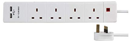 pro elec 4 Gang 2 USB Surge Protected Extension Lead, 2m, White with usb