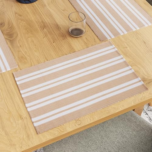 Encasa XO Platzsets Esstisch Set von 6 | Franca Beige Stripes | Fein gerippte Baumwoll-Tischunterlage | Größe 48x32 cm | Maschinenwaschbar