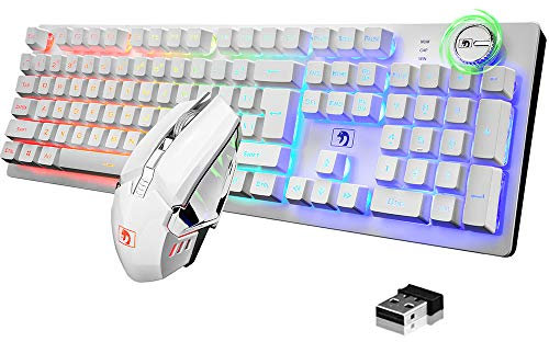 FELiCON K620 Wireless Gaming Keyboard and Mouse Combo, Mechanical Feel Rechargeable 100% Keyboard 4800 mAh, 16 Light Up RGB LED QWERTY US Layout+PC Gaming Mice with 2.4G Receiver for PC Mac PS4-White