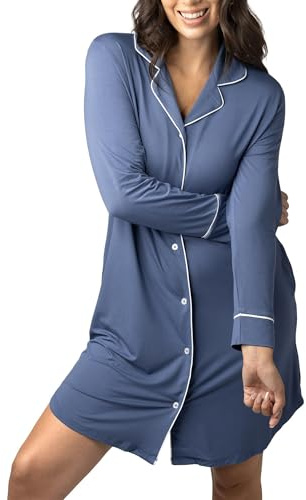 Kindred Bravely Clea Maternity Nightgown, Long Sleeve Postpartum Pajamas and Button Down Nursing Nightgown (Slate Blue, Large)