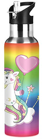 Vnurnrn Joli Bébé Arc-En-Ciel Licorne Cheval Bouteille d'eau Isotherme avec Paille en Acier Inoxydable Gourde 600ML, Sans Bpa Gourdes Eau pour Enfant Sport Randonnée École Bureau