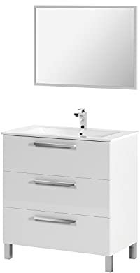 Dmora Mobile sottolavabo Palmdale, Mobiletto per Bagno, Armadio a 3 cassetti e Specchio, lavabo Non Incluso, 80x45h86 cm, Bianco Lucido