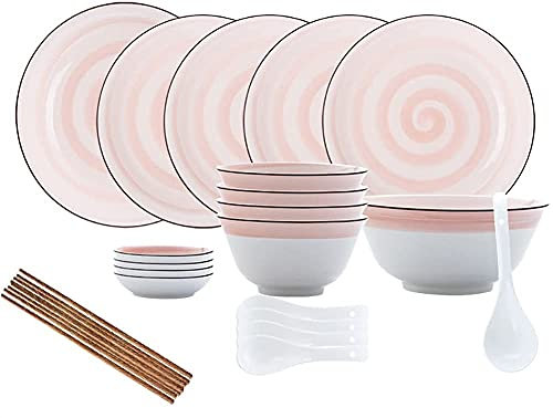 JMBK Service de Table en Grès - Set 20 Pièces/pour 4 Personnes - Petite Assiette, Grande Assiette, Assiette à Salade, Assiette Creuse à Pâtes & Bols à Céréales, pour Pique-Nique,Rose