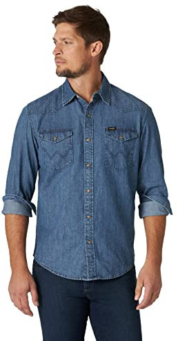 Wrangler Herren Iconic Regular Fit Snap Shirt Hemd mit Button-Down-Kragen, Mid Tint Denim, L