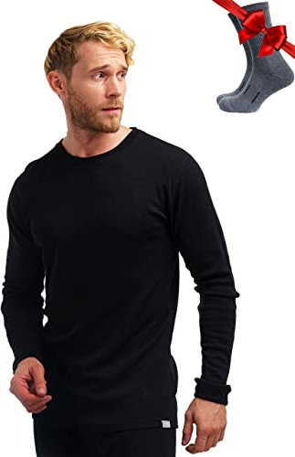 100% Merino Unterwäsche Herren - Merino Langarmshirt Herren Atmungsaktiv Und Feuchtigkeitsableitend Mittel + Wollsocken (3X-Large, Black 250)