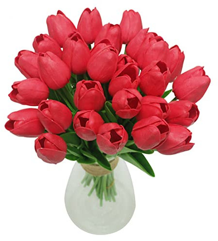 30 STK Künstliche Latex-Tulpen Real Touch Latex Künstliche Tulpen Gefälschte Tulpen Blumensträuße Blumen Arrangement ​für ​Home Room Hochzeitsstrauß Party Herzstück Dekor,Rot