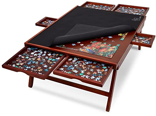 Jumbl 1500-Piece Puzzle Board Rack w/Cover | 27” x 35” Jigsaw Puzzle Table w/Legs 6 Removable Storage Sorting Drawers | Smooth Plateau Fiberboard Work Surface & Reinforced Hardwood | Games & Puzzles