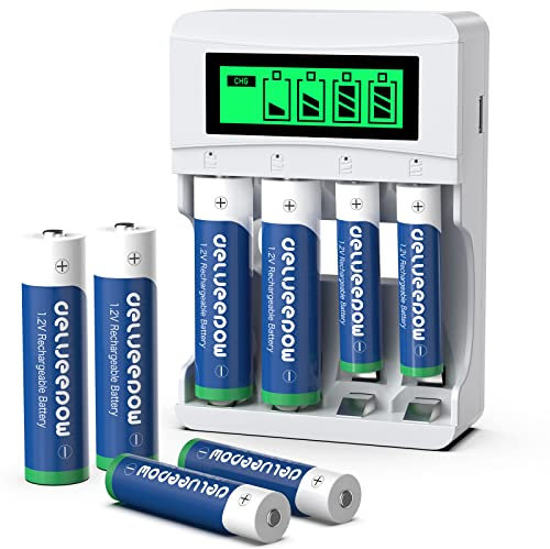 Delyeepow Chargeur Piles Rechargeable AA et AAA 4 Slots Indépendants,avec 1,2V NiMH Piles Rechargeables AA 4PCS 3300mAh et 4PCS AAA 1100mAh Haute Capacité 1200 Cycles