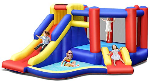 GOPLUS Aufblasbarer Hüpfburg, mit Kinderrutsche&Kletterwand&Trampolin, mit aufblasbarem Basketball, Planschbecken für 3-4 Kinder bis 120 kg, inkl.Tragetasche, 383x313x182cm (Modell 3, Ohne Gebläse)