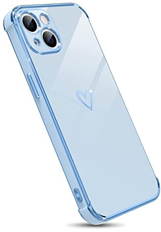 Knoowcase iPhone 13 Case iPhone 13 Phone Case for Girls Women Shockproof Flexible Silicone Bumper Lens Protection Luxury Plated Gold Heart Slim Anti Scratch Phone Cover, Blue