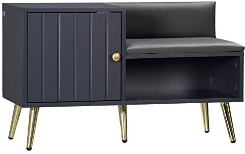 HOMCOM Panca Scarpiera da Ingresso Salvaspazio con Seduta Imbottita, Ripiano Aperto e Armadietto per 4 Paia di Scarpe, Corridoio, Camera da letto, Soggiorno in Legno, 80x33x49cm, Grigio