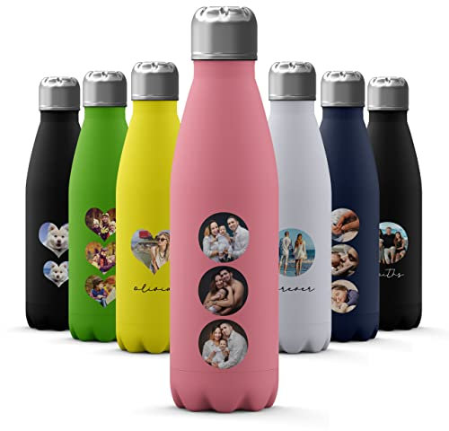 Tirita Custom Photo Personalised Water Bottle - Thermal Travel Flask - Insulated Stainless Steel Bottle - Gym, Office, School Drink - 500ml [19- Three Round Photos on Pink]