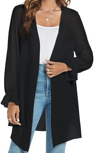 Famrrifuu Gilet Long Léger Femme Cardigan Cache Maillots Plage à Manches Longues Ouverte Élégant Veste Kimono,Noir,XL