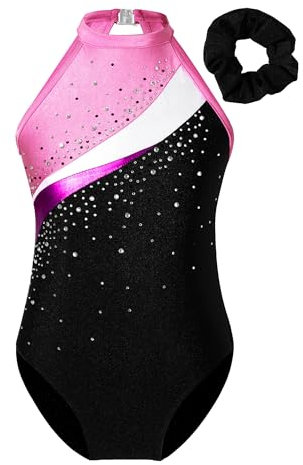 TTAO Kinder Mädchen Ärmellos Gymnastik Trikot mit Haarband Trikotanzug Tanz Gymnastik Training Dancewear Gymnastikbody Gymnastikanzug Rosa 146-152