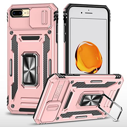 Cover Compatibile con iPhone 7 Plus/iPhone 8 Plus,Protezione Fotocamera Slidable Custodia Antiurto Case Anello Supporto Silicone Custodie,Oro rosa