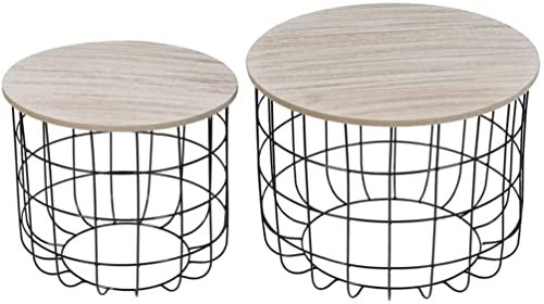 2-teiliges Wohnzimmer-Aufbewahrungs-Beistelltisch-Set Couchtisch mit Metallkorb und Holztischplatte (Bildfarbe Talla ?nica)