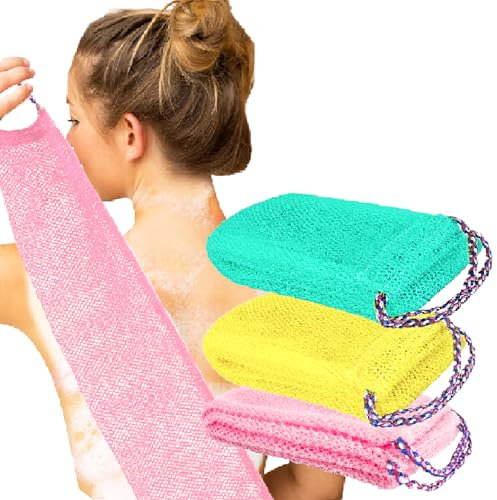 TENQUAN 3PCS Afrikanisches Peeling-Netz Afrikanischen Netzschwamm mit Stiel Sapo Schwamm für Rückenschrubben Weiche Strapazierfähige für Das Tägliche Baden Männer Frauen (Rosa Grün Gelb)