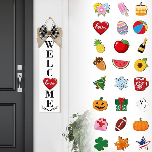 Sintuff Austauschbares Willkommensschild für Haustür, Holz-Veranda-Schild mit 24 saisonalen Symbolen, Zuhause, Bauernhaus, Willkommens-Outdoor, saisonale Symbole, Halloween, Festival, Dekoration (weiß