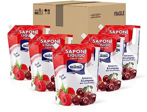Milmil Flüssigseife für kleine Früchte, Duft Amarena & Himbeere, Nachfüllgröße, Seife für Hände, Gesicht und Körper, dermatologisch getestet - 5 x 900 ml