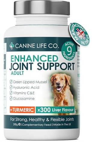 Enhanced Adult Dog Joint Supplements With Turmeric, Glucosamine & Green Lipped Mussel 300 Chewable Tablets Made In The UK - Canine Life Co. (1 Pot (300 Tablets))