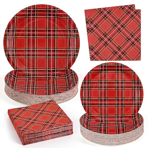 Homlouue 200 PCS Red Buffalo Plaid Paper Plates and Napkins, Dinner & Dessert Plate Set, 50 Guests, Christmas, Wedding, Bachelorette Party Decoration