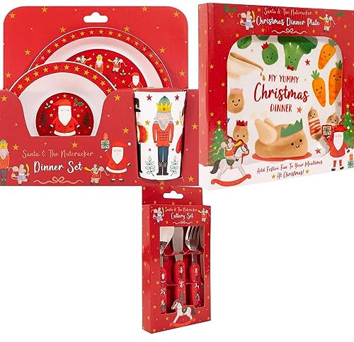 YöL Christmas Kids Toddler Dinner Set With Ceramic Plate and Cutlery Set Xmas Lunch Table Decoration Stocking Filler Bowl Cup Tumbler