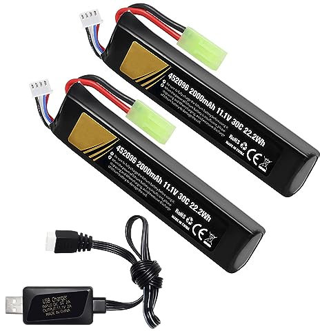 Batterie Lipo 11,1 V rechargeable Airsoft 11,1 V 2000 mAh 30 C Hobby batterie avec mini Tamiya et connecteur JST XH pour Airsoft Model Guns Rifle RC Car Drone avec chargeur de batterie USB 11,1 V
