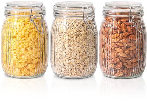 ComSaf 1L Einmachgläser mit Bügelverschluss 3er-Set Gestreift Drahtbügelglas, Einmachgläser mit Bügelverschluss für Konserven, Mehl, Nudeln, Kaffeebohnen, Müsli Vorratsgläser mit Bügelverschluss