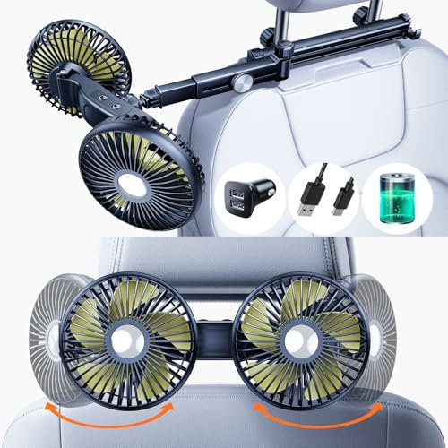 Nauttxon Akku-Ventilator für Auto-Rücksitz mit einziehbarem langem Arm, [Geschenk-Kfz-Ladegerät & USB-C-Kabel*1] 360° drehbar, 3 Geschwindigkeiten, separate Steuerung (Batterie & Langarm)