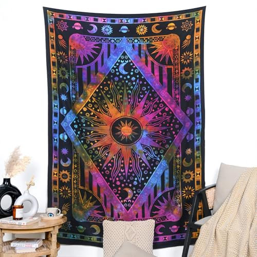 RAJRANG BRINGING RAJASTHAN TO YOU Himmlischer Wandteppich 213 x 228 cm lila mehrfarbig Baumwolle Hippie-Mandala psychedelisch brennende Sonne Wandbehang trippige Wandteppiche für Heimdekoration