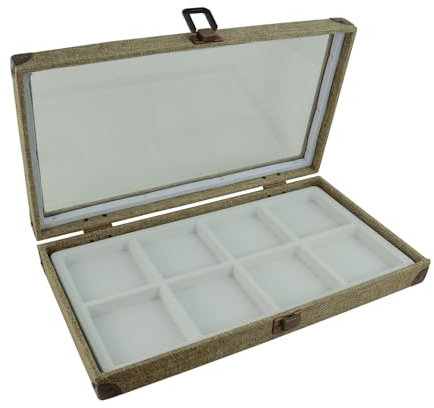 Box Displays Présentoirs de boîte en Toile de Jute, Couvercle en Verre, Coins en Laiton et Fermoir, vitrine avec Choix d'insert de Compartiment (Blanc, étui avec 08 Compartiments)