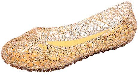 UnoSheng Schuhe Damen Elegant Absatz Out Bird 's Aushöhlte Gelee atmungsaktiv flache Frauen Boden kristalline Sandalen Frauen Sandalen Highheels Schuhe Damen Geschlossen (Gold, 39)