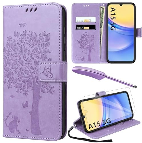 YIRSUR for Samsung Galaxy A15 Case with Screen Protector and Touch pen, Purple Leather Flip Wallet Case Magnetic Closure Cover with Card Slots and Kickstand for Galaxy A15 5G/4G Phone Cover