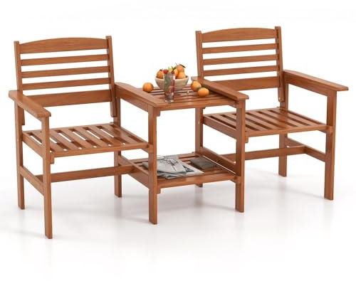 KOMFOTTEU Set di salotto da giardino in un pezzo, in legno massello, 1 tavolo con foro per ombrelloni e 2 poltrone, mobili da esterno per cortile, patio, terrazza, carico 120 kg, naturale