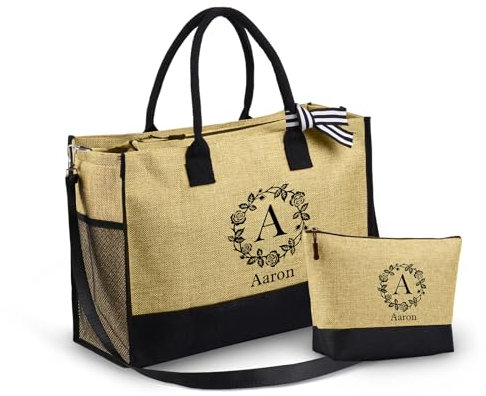 Grovjewfit Bolso Tote de Lona Personalizable con Inicial y Flores, Bolsa de Compras con Bolsillo Interior, Incluye Bolso de Cosméticos, Regalo para Mujer (Estilo 4)