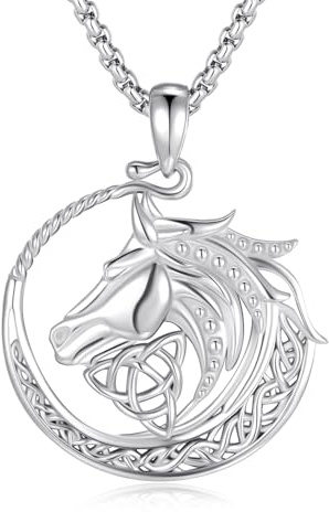 PARYFO Pferde Kette 925 Sterling Silber Keltischer Pferde Anhänger Nordische Mythologie Wikinger Schmuck Pferde Mädchen Geschenk für Männer und Frauen(Weißgold)