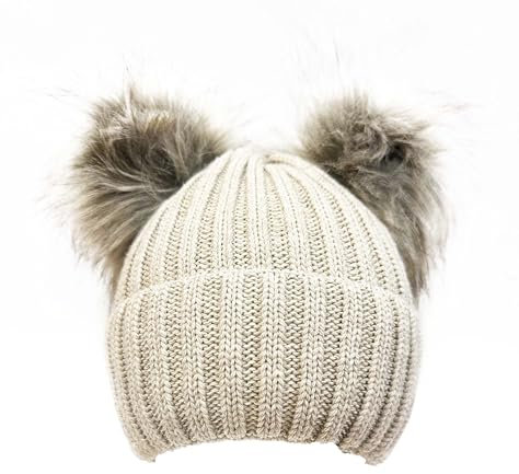 Faera Kunstfell Wintermütze mit Zwei Bommeln Strickmütze Bommelmütze Fleece gefütterte warme Mütze (DE/NL/SE/PL, Alphanumerisch, Einheitsgröße, Beige)