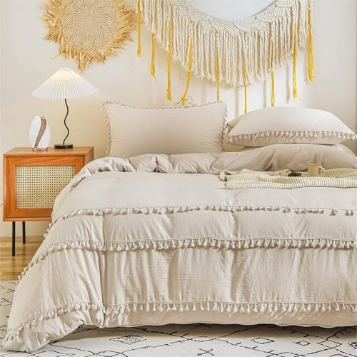 Freyamy Boho Housse de Couette 220x240cm+2 Taie d'oreiller 65x65cm Frange Beige Bohème Parure de lit 2 Personnes Adulte Fille Sets de Housse Couette en 100% Microfibre Lavé avec Fermeture Éclair