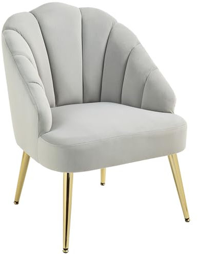 HOMCOM Fauteuil tapissé avec Dossier en Coquille, Fauteuil de Salon et de Chambre en Velours avec Pieds dorés, pour Chambre et Salon, Gris