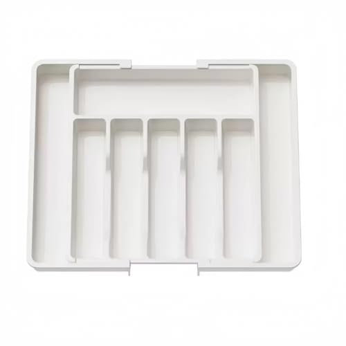 DERDOUT Cutlery Drawer Organiser, Expandable Utensil Tray for Kitchen, Adjustable Silverware and Flatware Holder, Compact Plastic Storage for Spoons Forks Knives, Large, (White)