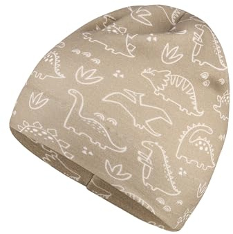 Sterntaler Beanie aus Sweat mit Flauschiger Rückseite und Saurier-Print – Jungen – weich und pflegeleicht – Mütze für Baby und Kinder, Sandfarben, Größe 47