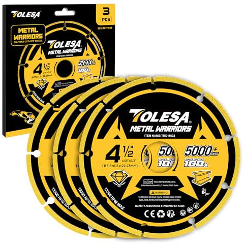 TOLESA Diamond Metal Cutting Discs 115 x 22.23mm, Cut Off Wheel with 5000+ Cuts on Rebar, Steel, Iron and INOX, 3 PCS