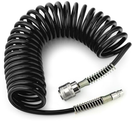 GASHER 1/4 x 5m Tubo aria in poliuretano con diametro esterno di 8 mm con limitatore di curvatura, attacco rapido e spina da 1/4 Europa, per compressore d'aria, nero