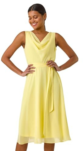 Roman Originals Floral Print Cowl Neck Dress for Women UK - Ladies Everyday Holiday Spring Summer Comfy Soft Evening Vacation Work Party - Yellow - Size 12