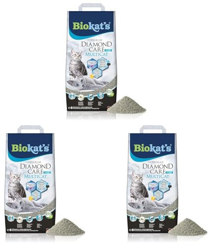 Biokat's Diamond Care MultiCat Fresh Katzenstreu mit Duft - Feine Klumpstreu aus Bentonit mit Aktivkohle speziell für Mehrkatzen-Haushalte - 1 Sack (1 x 8 L) (Packung mit 3)
